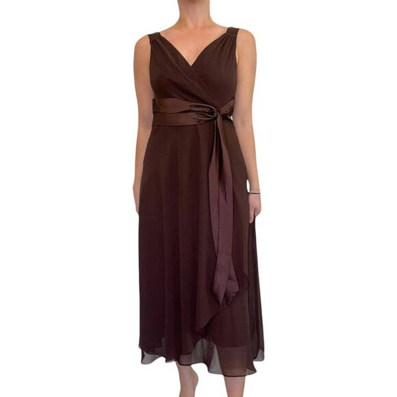 Formal Brown Side Gathered Satin Sash Flowy Cocktail Midi Dress by Evan Picone - Picture 3 of 12